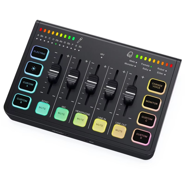 Jumon Phantom Power RGB Gaming Mixer Audio Interface Microphone USB 2.0 48KHz Sample Rate Noise Cancelling Dual Streaming