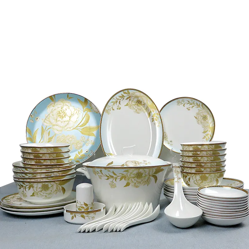 Service de table chinois en porcelaine royale, vaisselle de luxe en céramique, os fin, personnalisé, vente en gros, service de vaisselle, 50 pièces