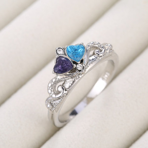 Anello a Forma di Cuore con Corona per Donne, Pietra Blu e Viola, Accessorio di Gioielleria Elegante e Minimalista, Stile Estivo - Product Image 4