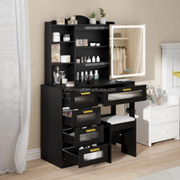 Meubles de Chambre à Coucher Modernes, Coiffeuses Noires avec Rangement, Table à Maquillage avec Miroir Éclairé par LED, Éclairage RVB, 5 Tiroirs, Matériel MDF