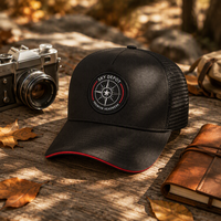Casquette de baseball noire ajustable avec logo personnalisé, patch tissé boussole, 5 ou 6 panneaux, dos en maille, pour sport et extérieur