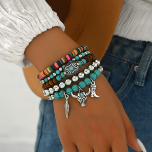 PFT Nuevo Collar <span class=keywords><strong>de</strong></span> Mujer <span class=keywords><strong>de</strong></span> Estilo Vaquero Occidental con Cabeza <span class=keywords><strong>de</strong></span> <span class=keywords><strong>Vaca</strong></span> Turquesa, Diseño <span class=keywords><strong>de</strong></span> Animal, Moderno, Multicapa, Chapado en Plata, con Cuentas <span class=keywords><strong>de</strong></span> Madera y Aleación - Product Image 3