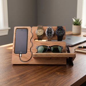<b>Rustic</b> Wooden Desktop Docking Station Organizer with Phone Holder Key Tray Wallet Stand & Smart Office <b>Desk</b> Accessories Storage - Product Image 3
