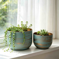 Set 2 Pot Tanaman Logam Turquoise Brushed Metal Vintage Distressed Bulat untuk Dekorasi Rumah dan Taman di Meja Dalam Ruangan