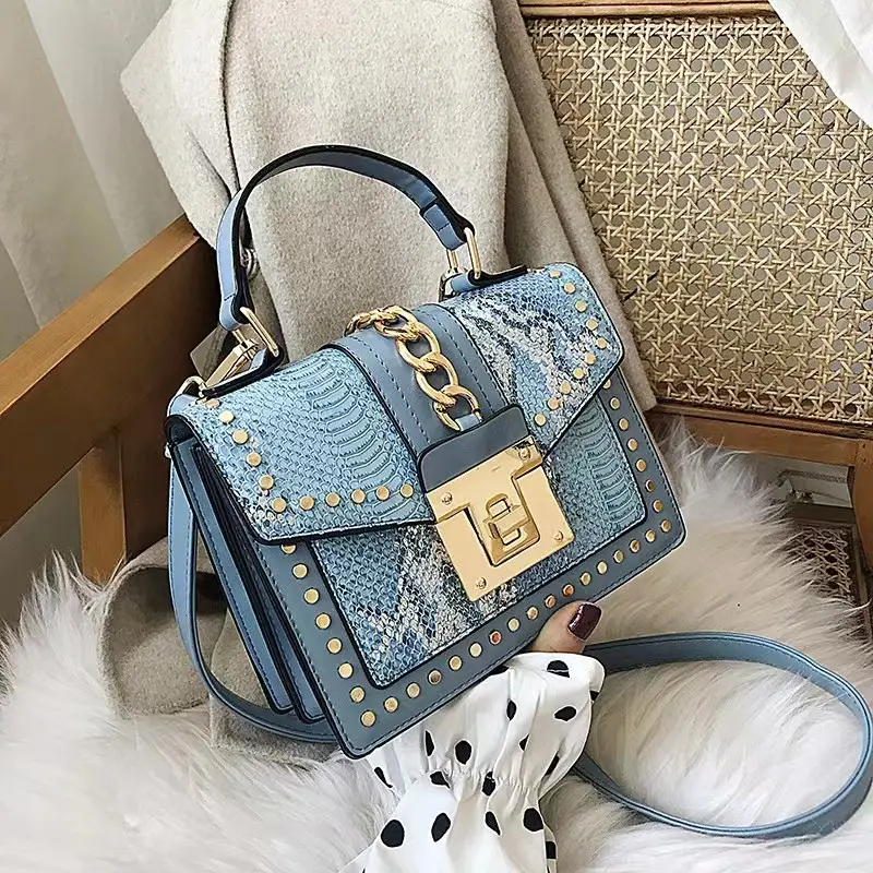 New fashion designer lock snakeskin pu leather ladies hand bag shoulder crossbody women custom purses and handbag