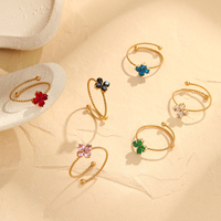 Bagues ouvertes ajustables tendance trèfle à quatre feuilles pour femmes, en acier inoxydable plaqué or 18 carats, avec fleur colorée et zircon, bijoux étanches