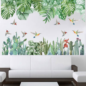 สติกเกอร์ติดผนังรูปนกและ<span class=keywords><strong>แมว</strong></span>,วอลล์เปเปอร์ลายดอกไม้สีสันสดใสพร้อมใบไม้สีเขียวสำหรับตกแต่งบ้านห้องนั่งเล่นห้องนอน - Product Image 3