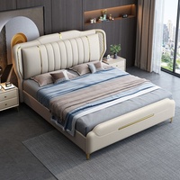 Italienischer Stil Luxus Modernes Schlichtes Kingsize-Bett Echtes Leder Weiche Polsterung Holzrahmen für Apartment Schlafzimmer