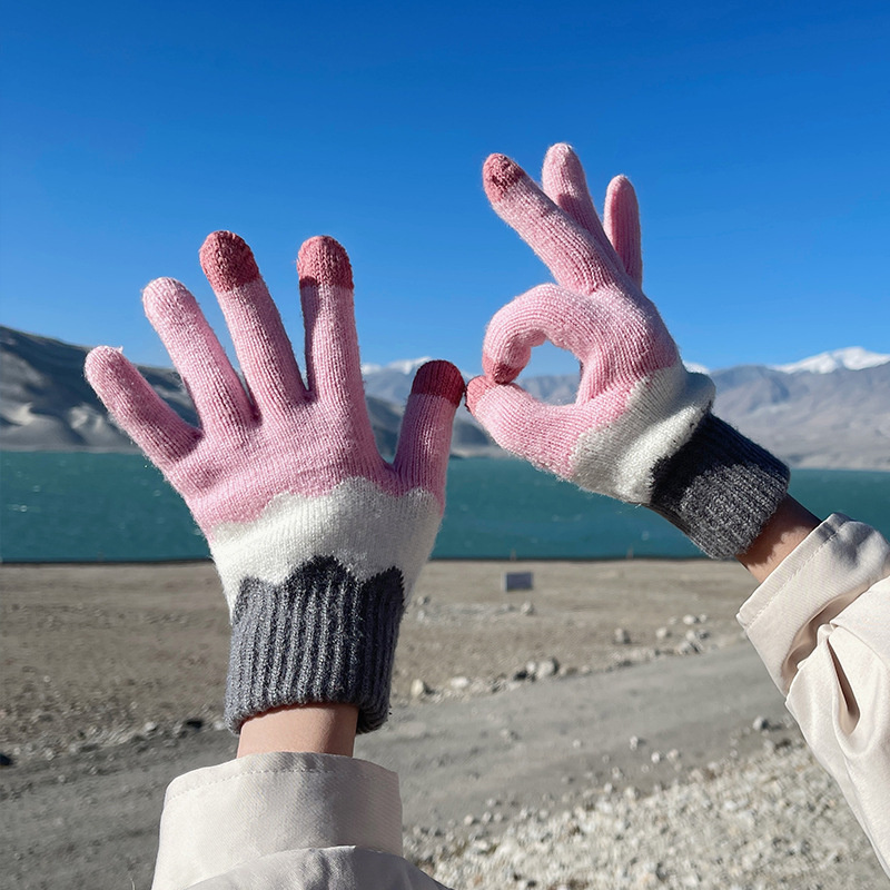 Winter knitted warm gloves female outdoor cycling windproof plus velvet touch screen cute student gloves