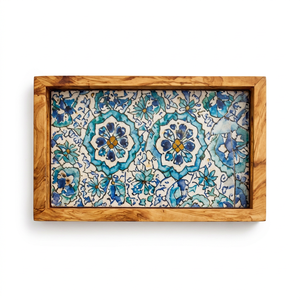 Bandeja de Madera de Olivo Ecológica de 20 Piezas con Incrustaciones de Cerámica, Diseño Rectangular con Asa Recortada, Patrón Floral Azul y Blanco - Product Image 1