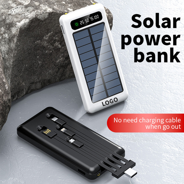 Outdoor High Capacity Digital Display Portable with Detachable 4 Cables 10000mAh Solar Power Bank with Torch