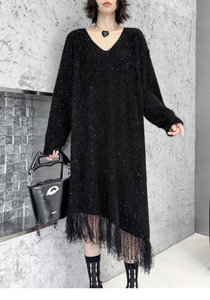 Bettergirl 2025 printemps nouveau Niche Design <span class=keywords><strong>robe</strong></span> en <span class=keywords><strong>laine</strong></span> femmes ample <span class=keywords><strong>mi</strong></span>-longueur gland <span class=keywords><strong>pull</strong></span> en tricot - Product Image 2
