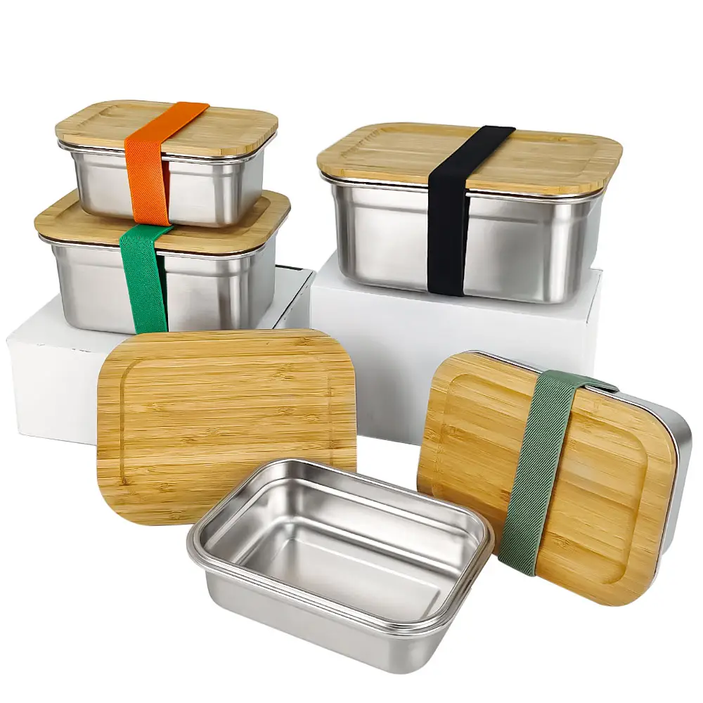 Leakproof School Children Bento Box Adjustable Compartment Container Stainless Steel Lunch Box For Kids Bamboo Lid 800 ML