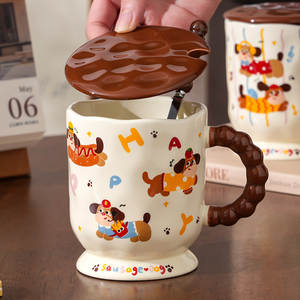 Taza de cerámica Cerouky Dachshund con tapa y cuchara de 350 ml para café, té, desayuno, regalo - Product Image 4