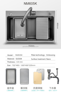 Fregadero de Cocina Moderno de Acero Inoxidable 304, Hecho a Mano, Grande, de 75*48cm, de una Sola Tina, con Diseño Multifuncional de 3 Orificios, un Juego - Product Image 6