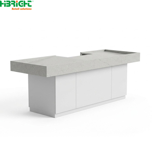 L Shape <b>Checkout</b> <b>Counter</b> Retail POS Cashier Desk Wooden Grain <b>Counter</b> Top White Base Store Reception Station - Product Image 2