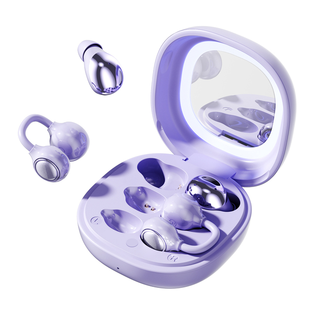 M165-2 Ultra-Compact Invisible Sleep Earbuds and Ear Clip Sport Earphones 2-in-1 TWS Lighted Makeup Mirror Case Bluetooth 6.0