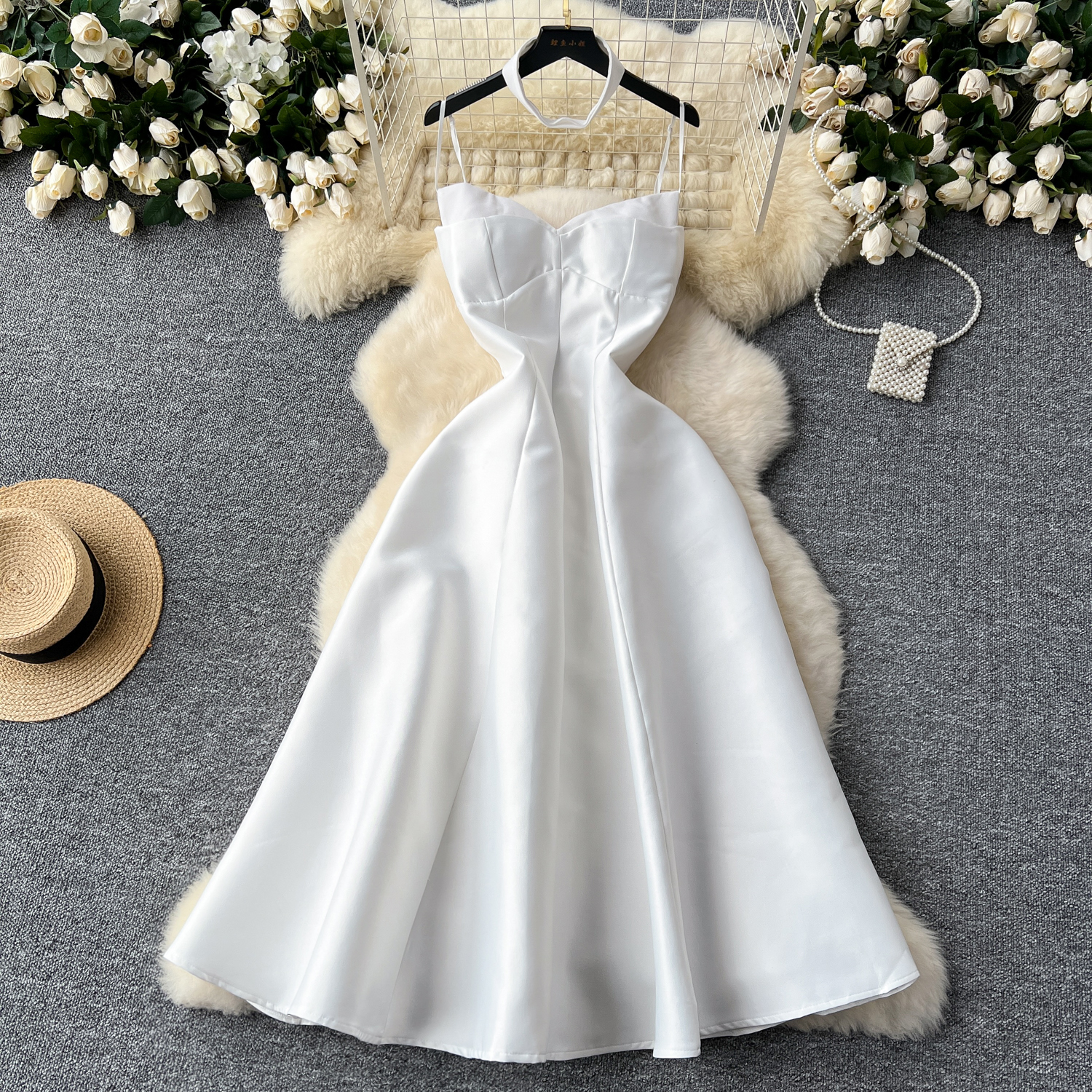 white dress with neck scarf Bronwyn White Strapless Maxi Dress with Neck Scarf M / White