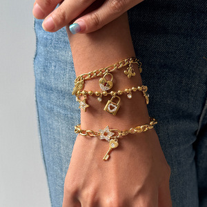 Quiet And Pretty Jewelry <b>Set</b> Gold Chain Necklace <b>Bracelet</b> With Lock Key Star Charms For Women Fashion Accessories - Product Image 2