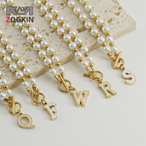 Zogxin Pearl Necklace 18K Gold Letter Charm Women's Clavicle Chain Titanium Steel Jewelry - Product Image 1