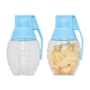 Custom 250ml 8oz clear hand grenade shape hair rope snack cookie plastic candy bottle with blue/ purple/ pink cap