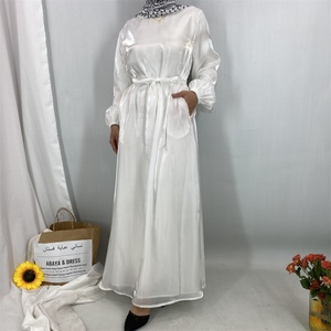 Último Modelo 2025, Abaya Ligera Cerrada, Vestido Maxi de Satén Brillante para Verano, Forrado, con Mangas Abullonadas y Bolsillos 6855 # - Product Image 4