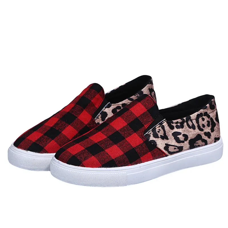Women Slip On Flat Casual Leopard Red Plaid Shoes