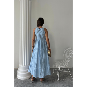 Robe longue en lin bleu sans manches - Élégante, décontractée, conception personnalisée ODM, sexy, pour séance photo estivale, longueur ras du sol, taille XS - Product Image 1