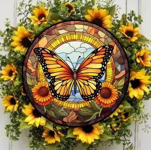 SunFlower Butterfly Suncatcher Stained Window Hangings Wall Art Plaque Home Decor For Kitchen Living Room Office Garden