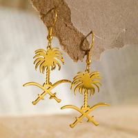 Pendientes Colgantes de Acero Inoxidable con Diseño de Palmera Datilera de Arabia Saudita, Chapados en Oro de 18K, con Emblema de Arabia Saudita