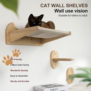 Scaffali a muro per gatti in legno massello JUNJI con posacchio 2-in-1 con amaca e grande letto per gatti a 3 strati montati su finestra per animali domestici - Product Image 5