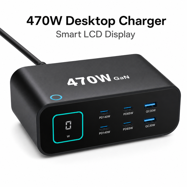 470W Multi Port USB C GaN Desktop Charger PD Fast Charging Station with TFT Screen Digital Display Smart Charger