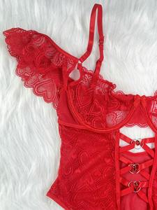 Luxury Front Lace up <strong>Basque</strong> Base Undergarments Cut Out Lace Bridal Red Push up Underwear Lace Bodysuit Women Bodysuits - Product Image 5