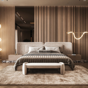 <span class=keywords><strong>Letto</strong></span> Moderno Curvo Imbottito King/Queen Size con Testiera in Velluto ad Angoli Arrotondati e Panca, Set Camera da <span class=keywords><strong>Letto</strong></span> Stile Crema OEM ODM - Product Image 1