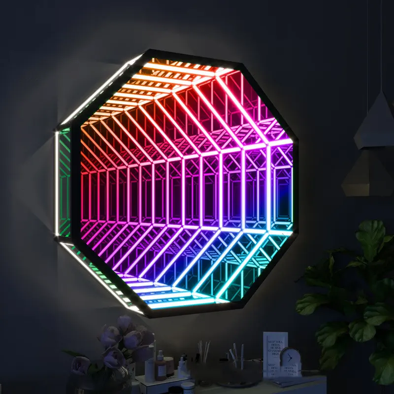 customization Geometric design home decoration RGB color changing 3D octagon magic mirror Infinite magic mirror wall lamp