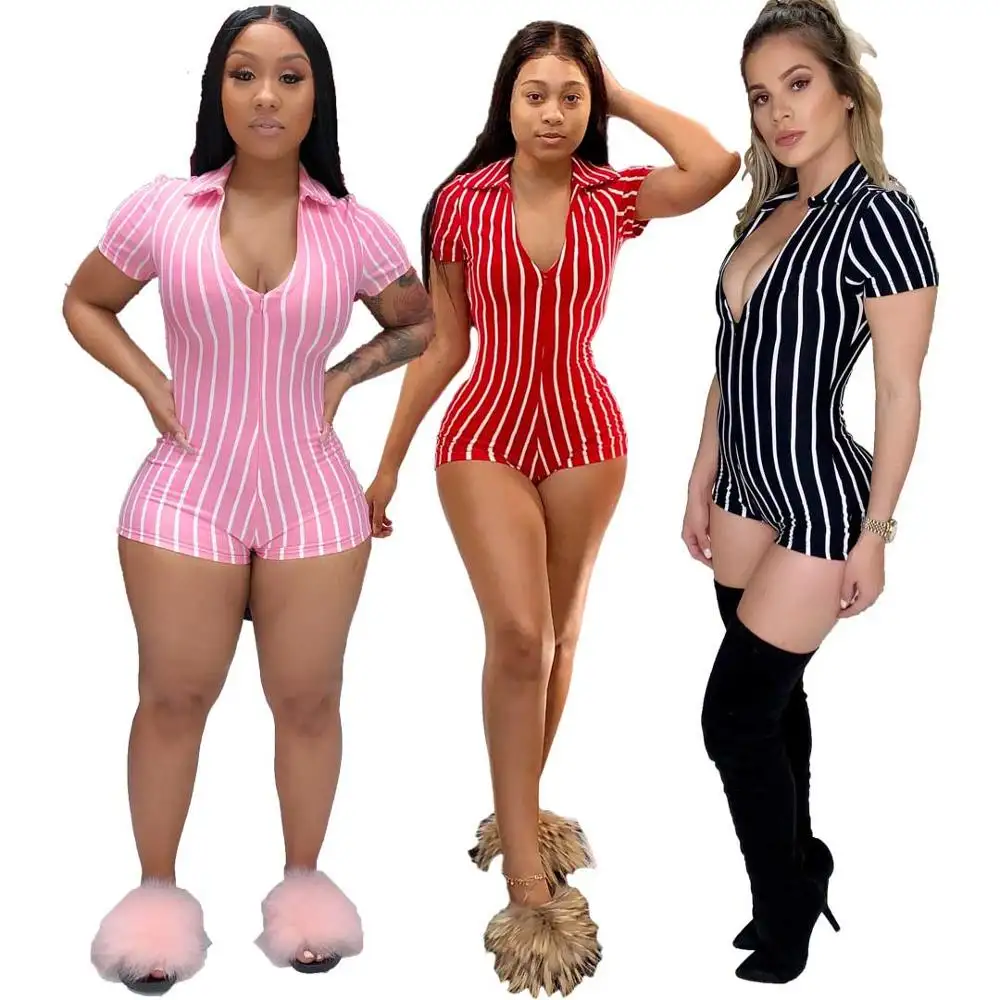 hot sale striped print one piece short jumpsuit romper women 2021