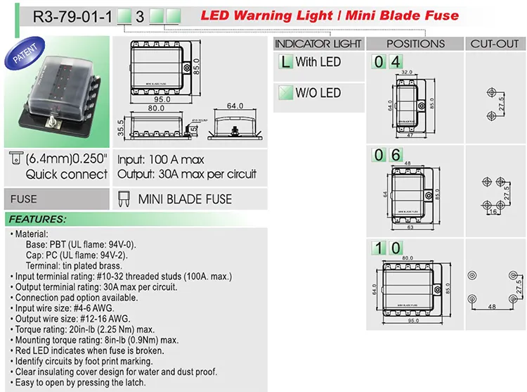 מחזיקי נתיך SCI R3-79-01-1-3 נתיך להב להב LED אזהרה 30A 100A