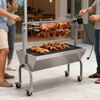 Machine à rôtir le cochon électrique en acier inoxydable, grill barbecue avec finition thermolaquée, chariot et dispositif de sécurité anti-flamme
