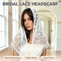 Voile de mariée modeste en dentelle triangulaire transparente brodée de roses, avec bordure à pompons, pour l'église et les occasions quotidiennes