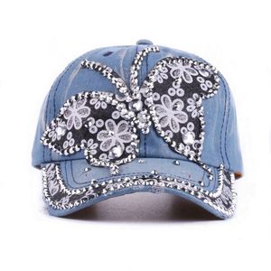 Wholesale Stylish Washed Denim 5-Panel Butterfly Rhinestone Bling Fancy Breathable Comfort Customizable Baseball Cap for Women - Product Image 3