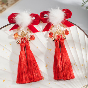 Liquidación de accesorios para faldas de estilo étnico, pinzas para el pelo Hanfu para niños, pompones de visón, adornos rojos tradicionales chinos de Año Nuevo - Product Image 2