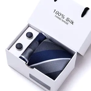 Wholesale Custom 100 Polyester Tie Pocket Square Tie Clip Cufflinks Necktie Gift Box Set Orange And Blue Ties For Men