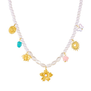 Elegant Pearl Beaded Necklace With Flower Sunflower Bee Pendant Gold Plated For Party Fashion Jewelry - Product Image 5