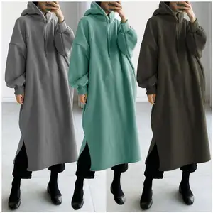 Custom Modest Plus Size Lady's Sweatshirt Oversized Long Sleeve Slit Hoodie Sweater Maxi Dress Pockets Fashion Muslim Women