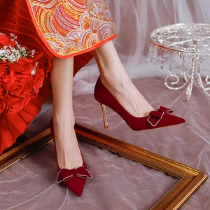 China Latest Women's Red High Heel Spring Single Shoes Elegant Bow Bridesmaid Shoes Wedding Red Bridal High Heels For Women