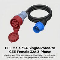 Cable Adaptador de Carga para Vehículos Eléctricos CEE Azul de 32A con Enchufe Tipo 2 para Convertir Energía CEE a Conexión Schuko