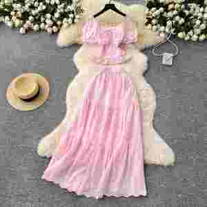 Conjuntos Romanos para Mujer, Blusa de Manga Abullonada con Cuello Cuadrado y Falda de Cintura Alta, Ropa al por Mayor - Product Image 1