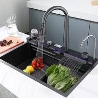 Évier de cuisine moderne multifonction à bac unique, anti-rayures, avec affichage numérique LED et cascade, et lave-tasses intégré