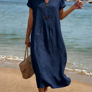 Robe en lin blanche à col en V pour femme, décontractée, couleur unie, pour la plage et les vacances, à manches courtes, coupe ample, pour le quotidien, style estival, taille naturelle - Product Image 4