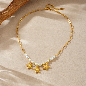 Gold Plated Starfish Pendant Chain Imitation Pearl Beaded Clavicle Necklace Simple Versatile Fashion Jewelry - Product Image 3